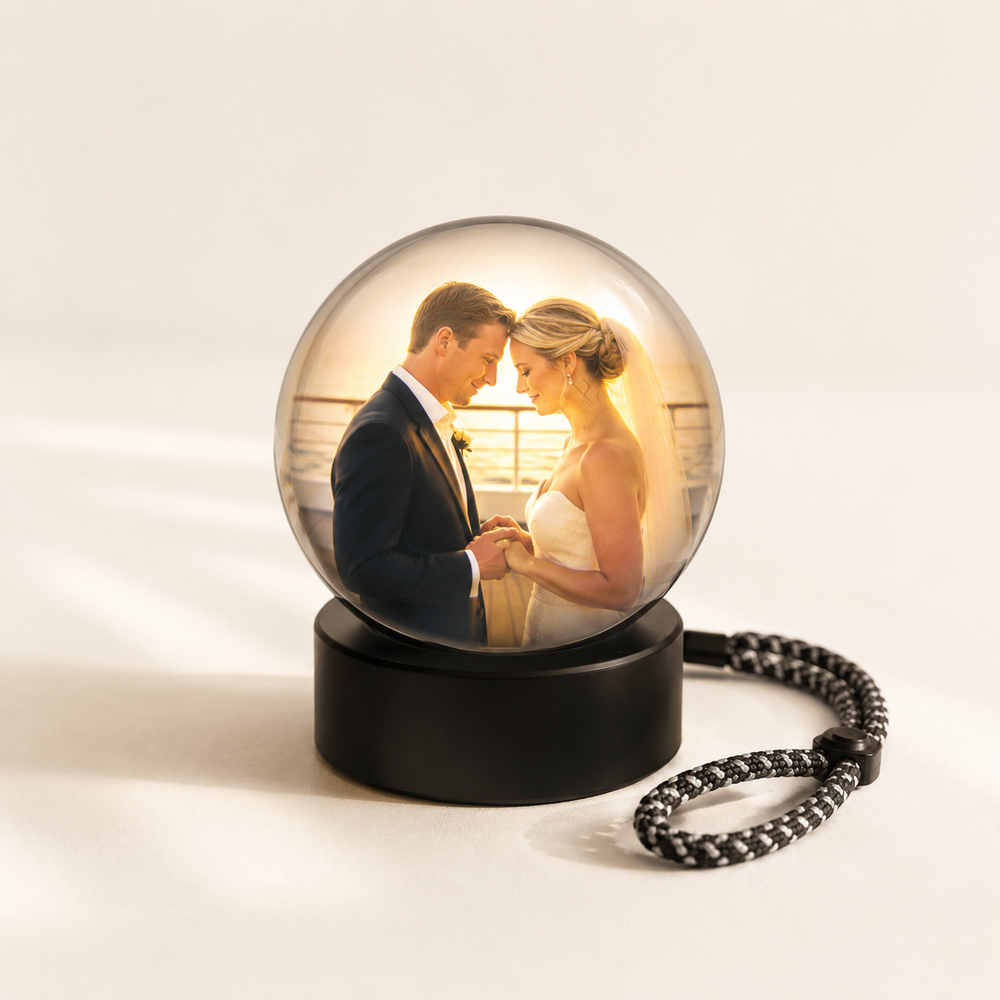 Keepsake Orb Wi-Fi digital memory sphere with black display base and braided wrist strap