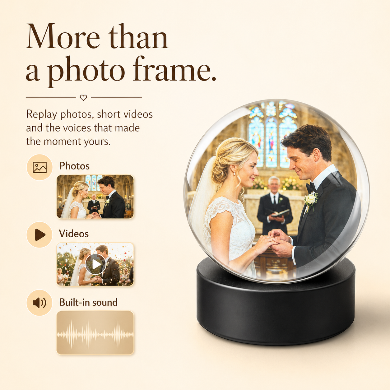 Keepsake Orb playing a short personal video with sound through its built-in speaker