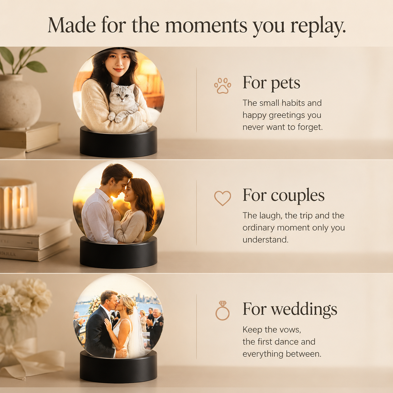 Digital memory sphere displaying pet, wedding and couple memories