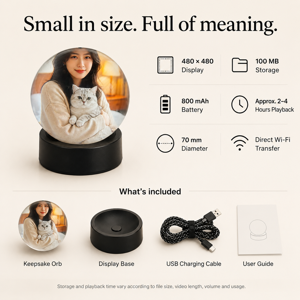 Keepsake Orb package contents including display base, USB cable and user guide