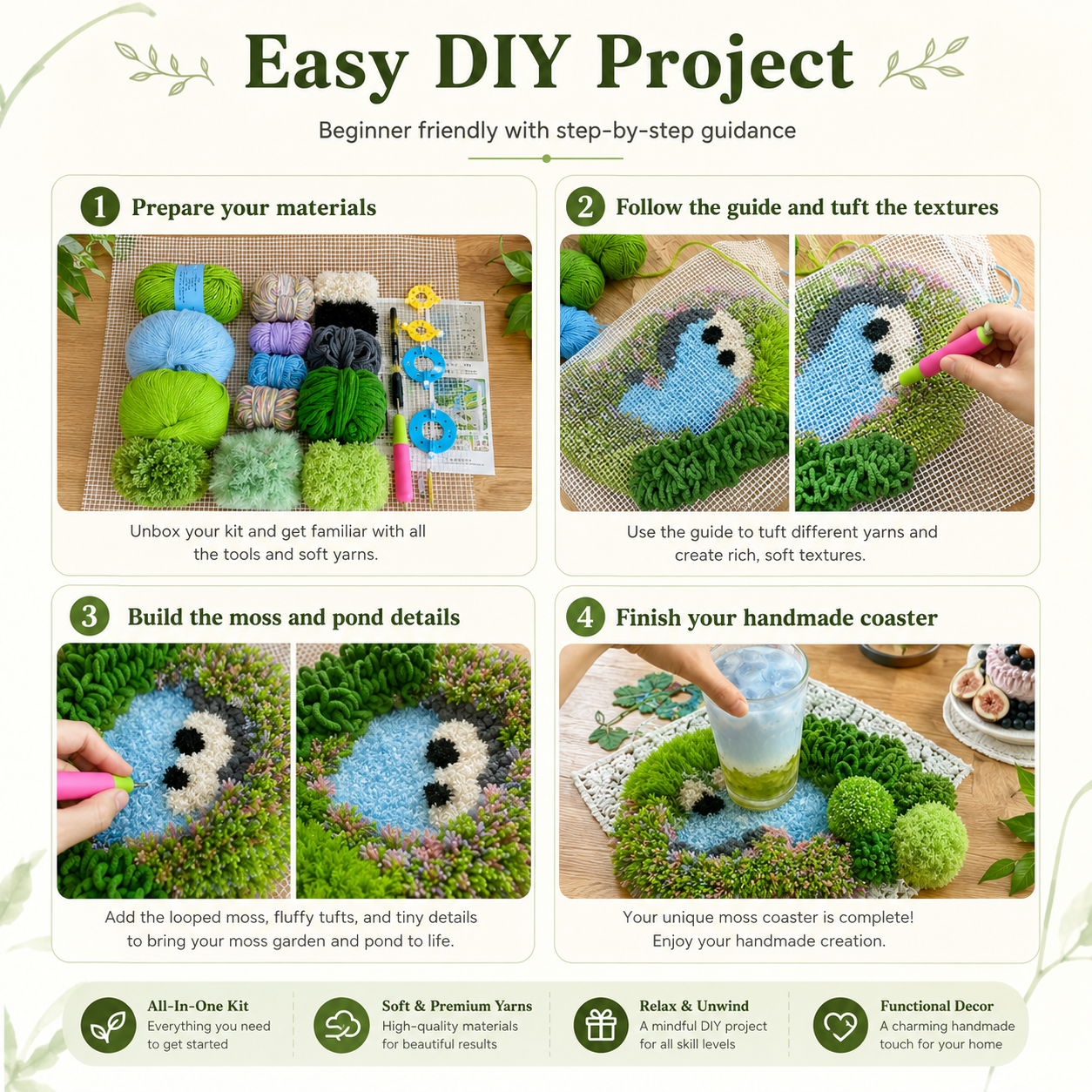 DIY Moss Pond Coaster Kit – Handmade Tufted Cup Mat Craft Set - Moss Mend