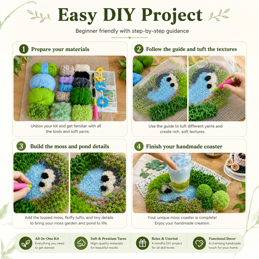 DIY Moss Pond Coaster Kit – Handmade Tufted Cup Mat Craft Set - Moss Mend