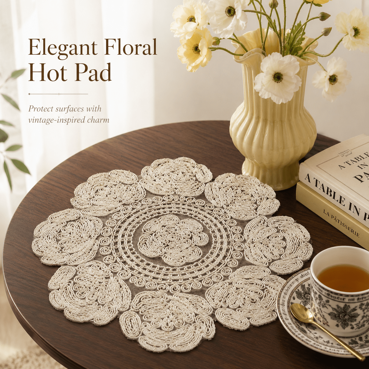Ivory Floral Embroidered Hot Pad & Table Mat - Moss Mend