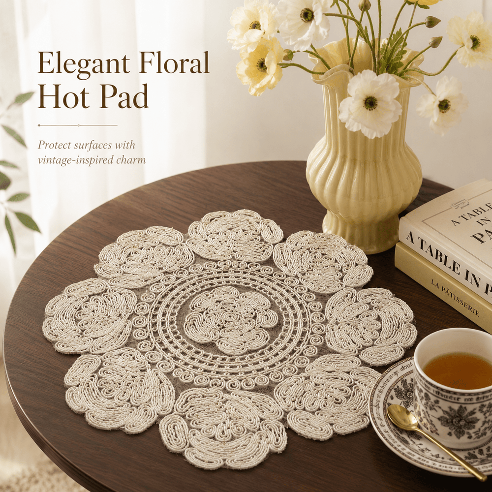 Ivory Floral Embroidered Hot Pad & Table Mat - Moss Mend