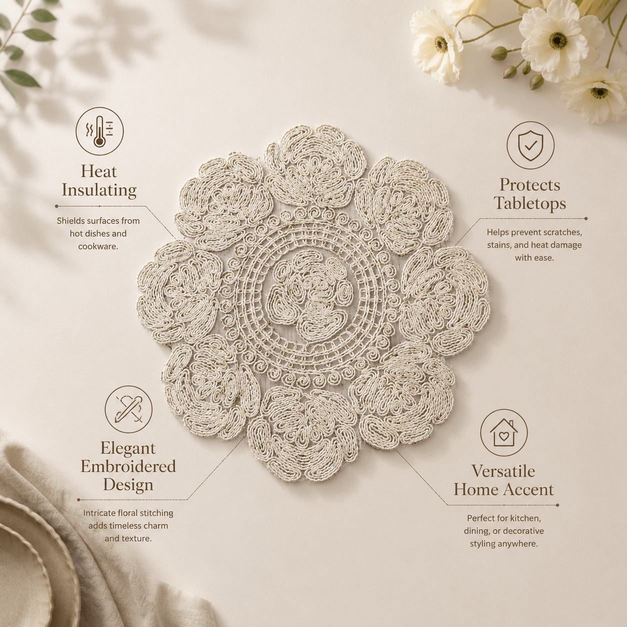 Ivory Floral Embroidered Hot Pad & Table Mat - Moss Mend