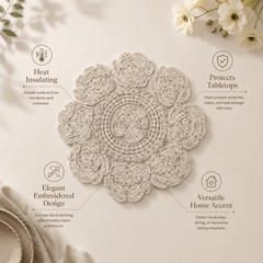 Ivory Floral Embroidered Hot Pad & Table Mat - Moss Mend