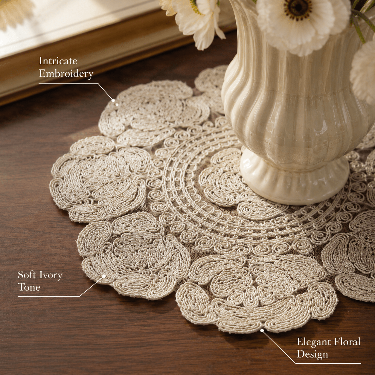 Ivory Floral Embroidered Hot Pad & Table Mat - Moss Mend