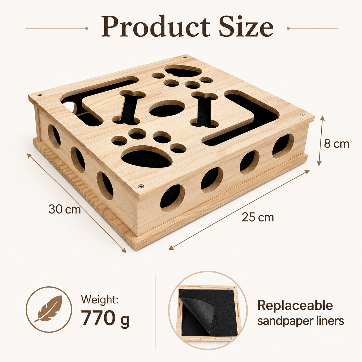 Wooden cat puzzle scratch box size 30 by 25 by 8 cm and weight 770 g