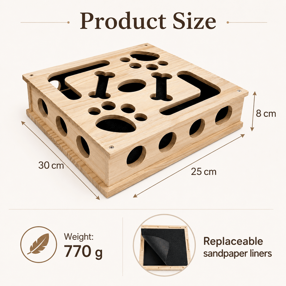 Wooden cat puzzle scratch box size 30 by 25 by 8 cm and weight 770 g