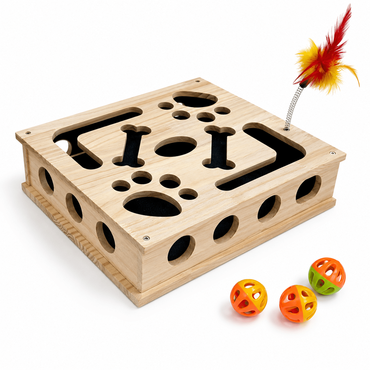 PawHunt wooden cat puzzle scratch box on white background
