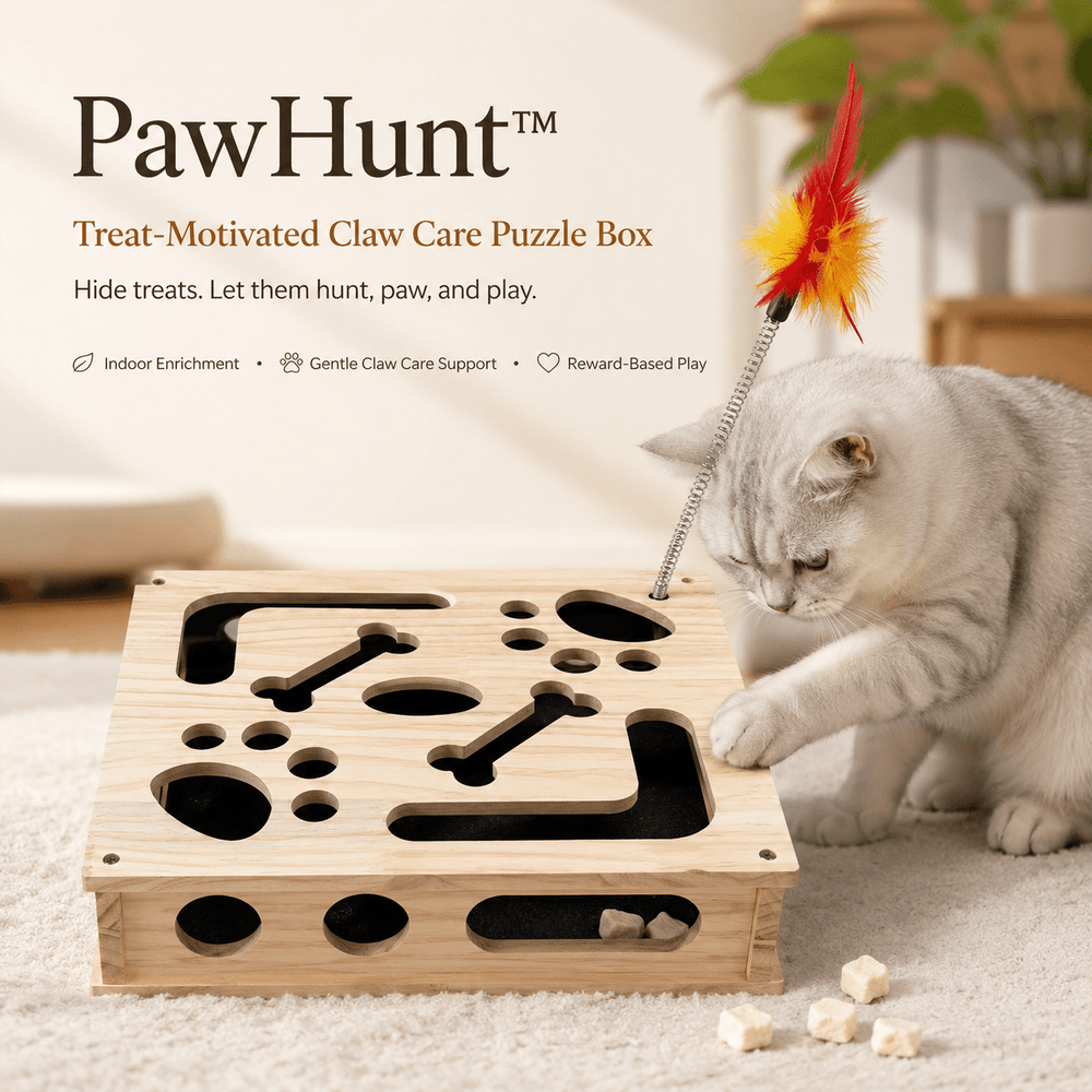 Wooden cat puzzle scratch box with cat pawing at treat holes
