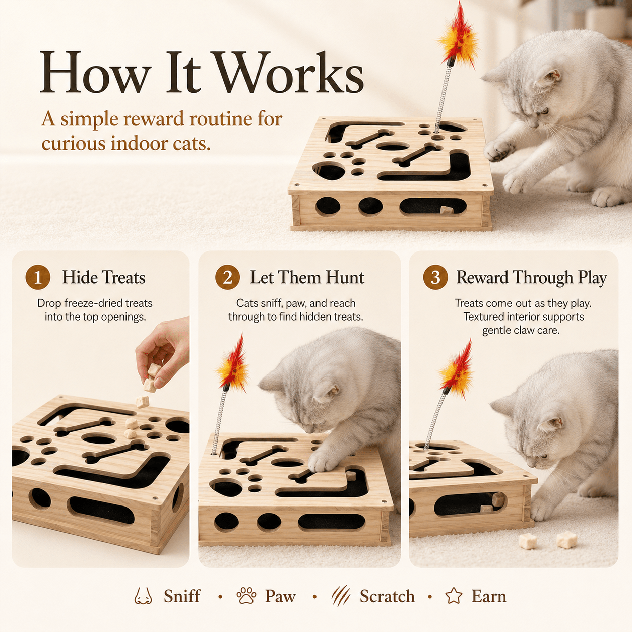 How to use cat puzzle scratch box with treats toys and replaceable sandpaper