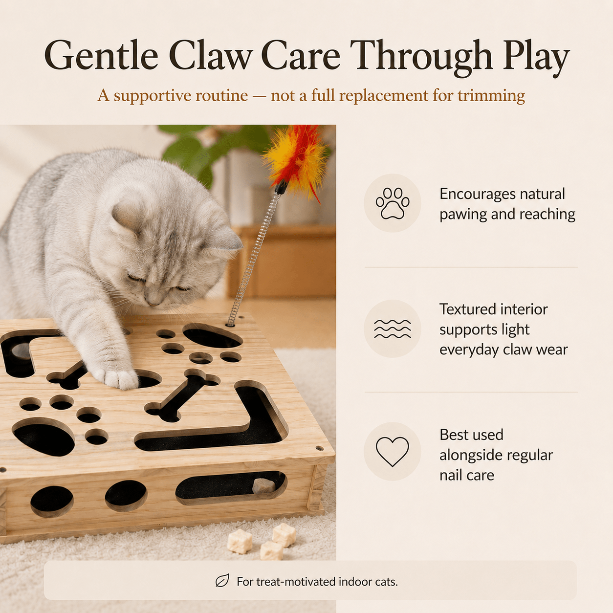 Wooden cat puzzle scratch box with cat pawing at treat holes