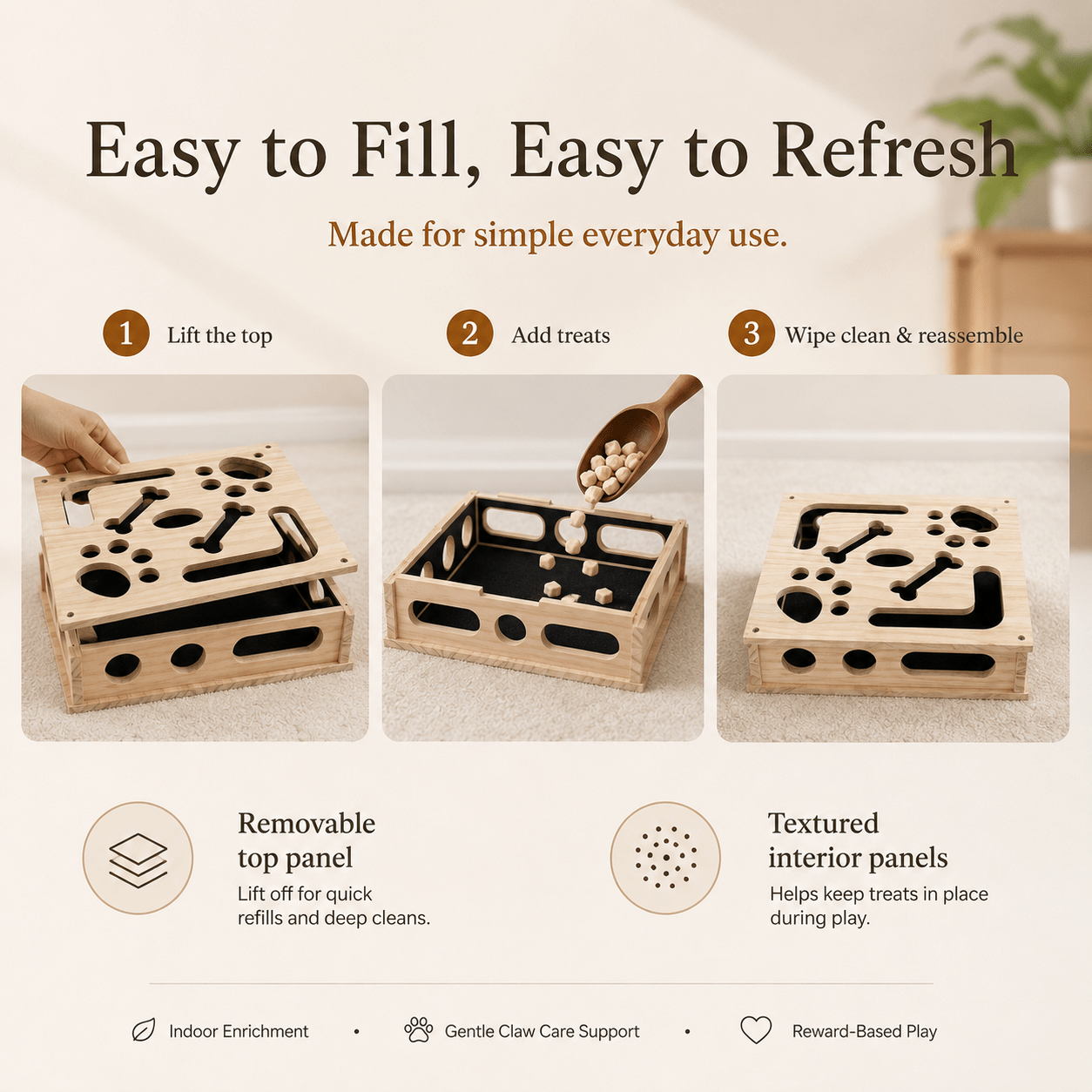 3-in-1 wooden cat enrichment box with treat hiding and scratching features